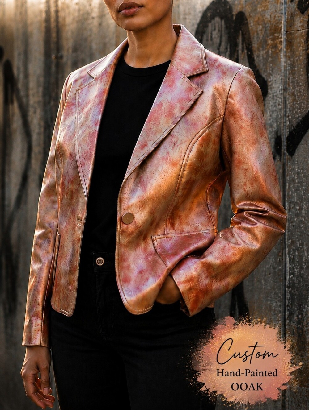 Custom Vintage Vegan Leather Metallic Rose Gold Back To School Jacket OOAK Y2K